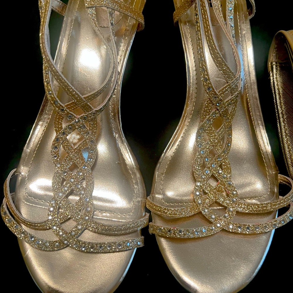 Dressy gold and rhinestone sandals Size 10 and Gold clutch